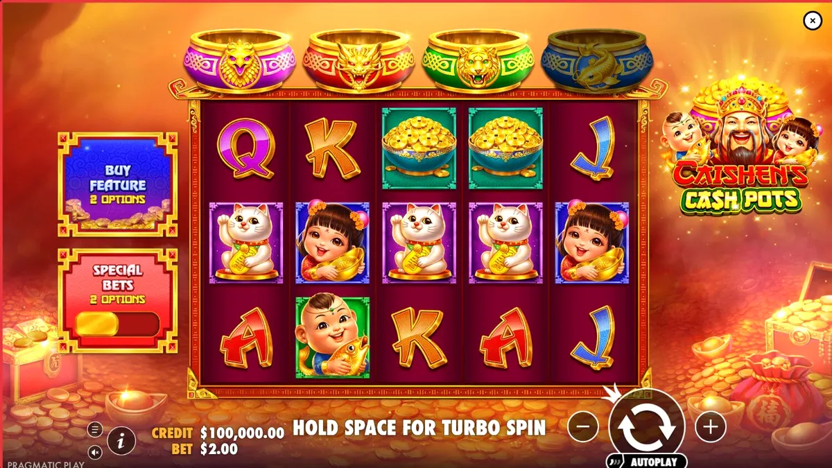 Caishen’s Cash Pots slot machine interface com símbolos dourados e tema festivo