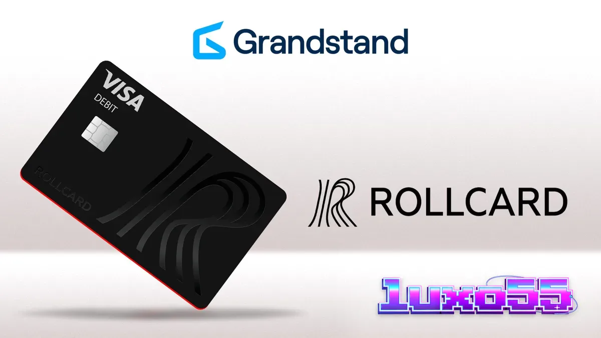 Cartão de débito Rollcard Visa com design moderno e elementos gráficos de cassino e apostas esportivas ao fundo.